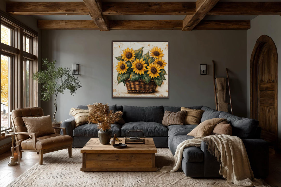 Sunflowers in a wicker basket canvas wall art displayed in a rustic farmhouse living room.