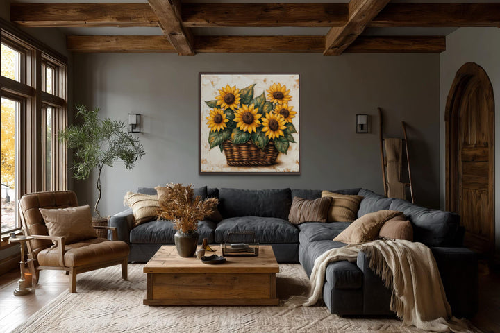 Sunflowers in a wicker basket canvas wall art displayed in a rustic farmhouse living room.