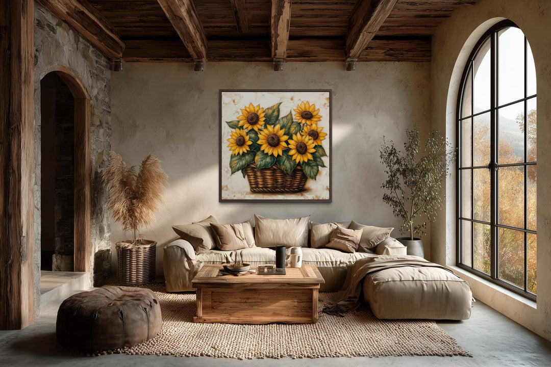 Sunflowers in a wicker basket canvas wall art displayed in a rustic farmhouse living room.