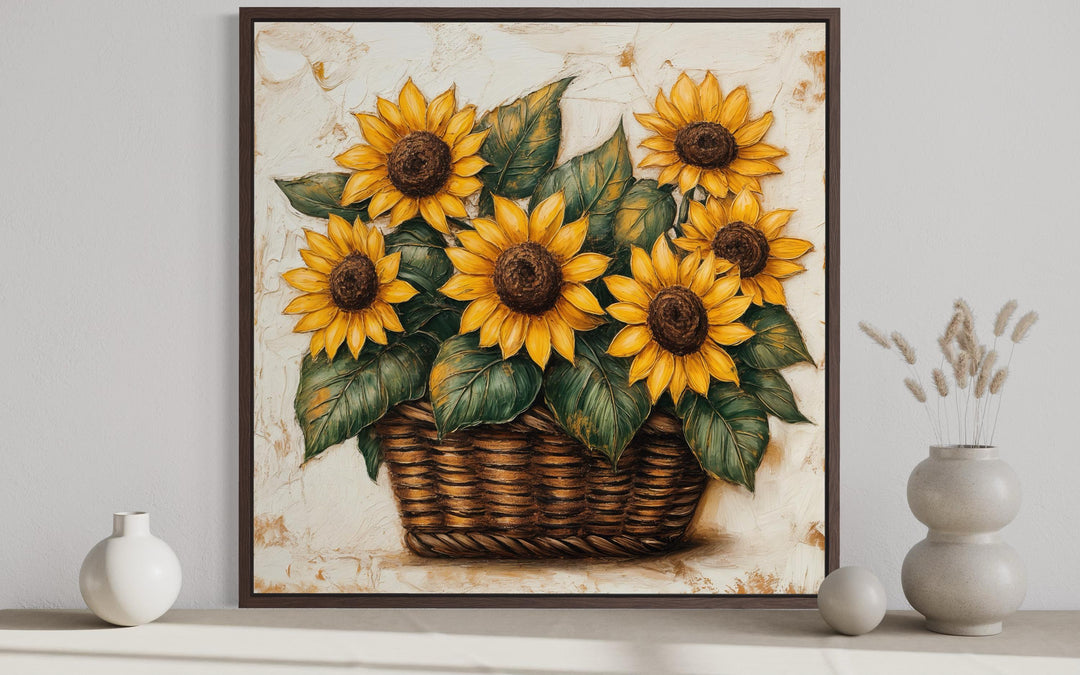 Sunflowers in a wicker basket canvas wall art with a textured, painterly farmhouse style.