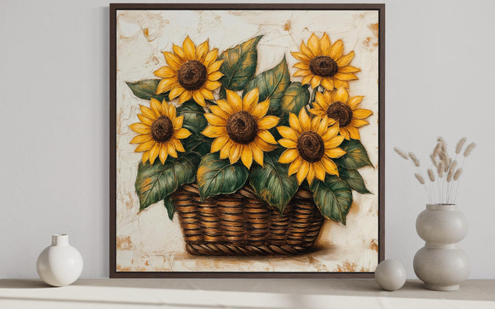 Sunflowers in a wicker basket canvas wall art with a textured, painterly farmhouse style.