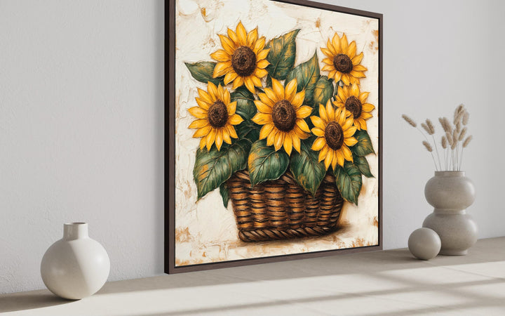 Framed canvas wall art of sunflowers in a wicker basket for rustic farmhouse home decor.