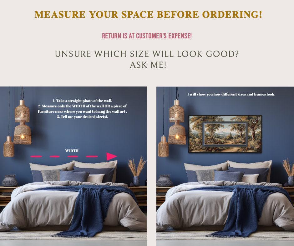Informational graphic showing how to measure wall space for a landscape painting above a bed.