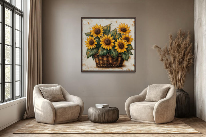 Sunflowers in a wicker basket canvas wall art displayed in a modern farmhouse living room.