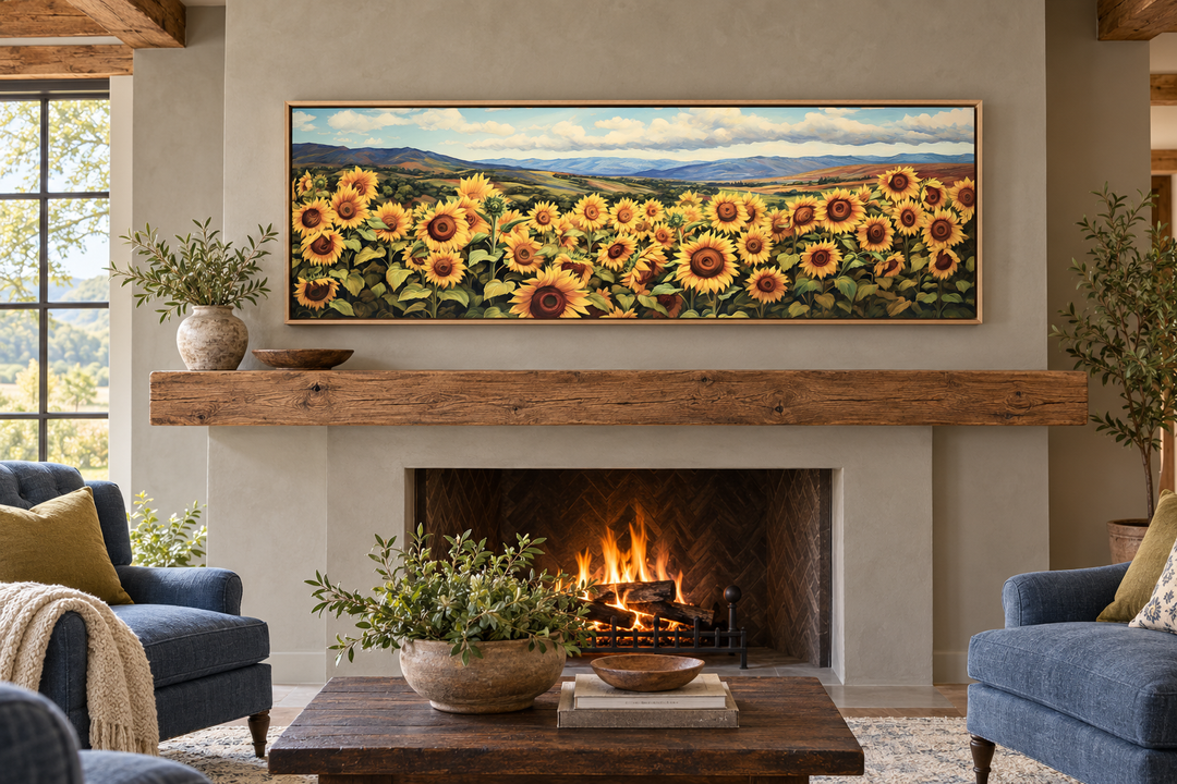 Sunflowers field rustic farmhouse long horizontal wall art hanging above a cozy fireplace.