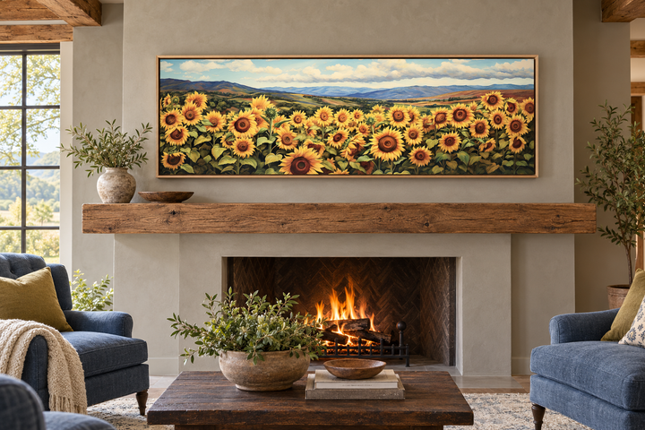 Sunflowers field rustic farmhouse long horizontal wall art hanging above a cozy fireplace.
