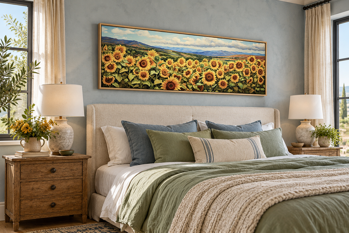 Long horizontal wall art of a sunflower field in a rustic frame above a bed in a farmhouse bedroom.