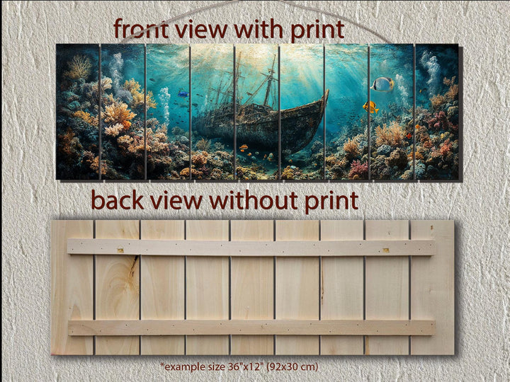 Sunken shipwreck scene printed on a multi-panel distressed wood wall art piece.
