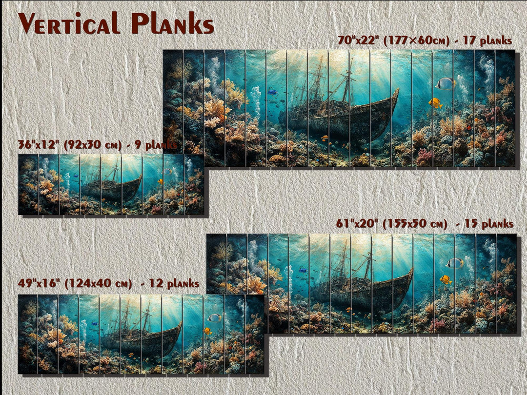 Sunken shipwreck wall art on vertical wood planks in four sizes with an underwater coral scene.
