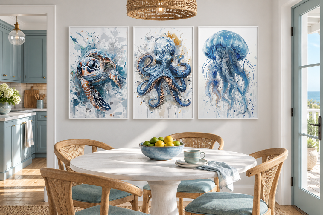 Three-piece marine animal wall art set featuring an octopus, sea turtle, and jellyfish in blue.