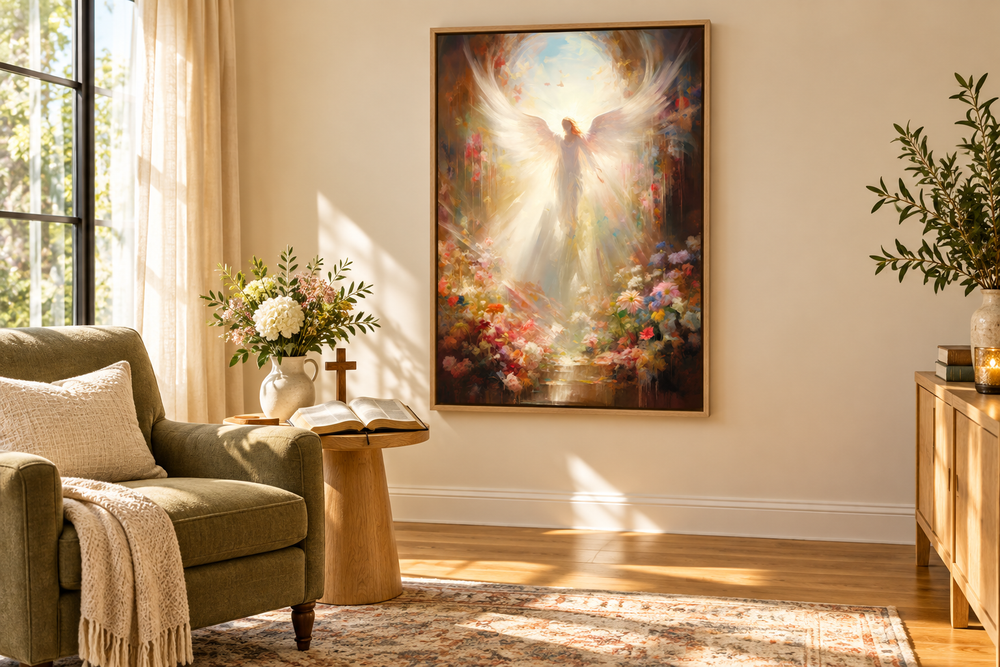Vertical framed canvas wall art of a radiant angel in heaven with colorful flowers in a sunlit room