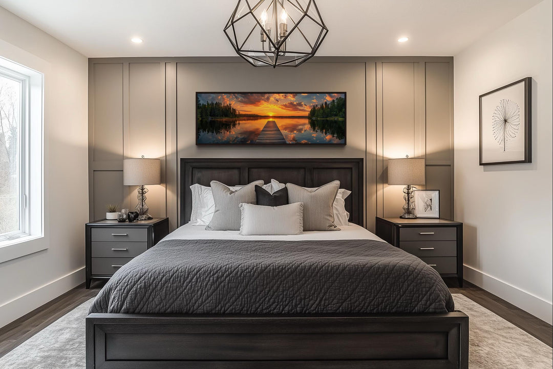 Sunrise Over Lake and Fishing Pier Long Horizontal Canvas Wall Art hanging above a bed.