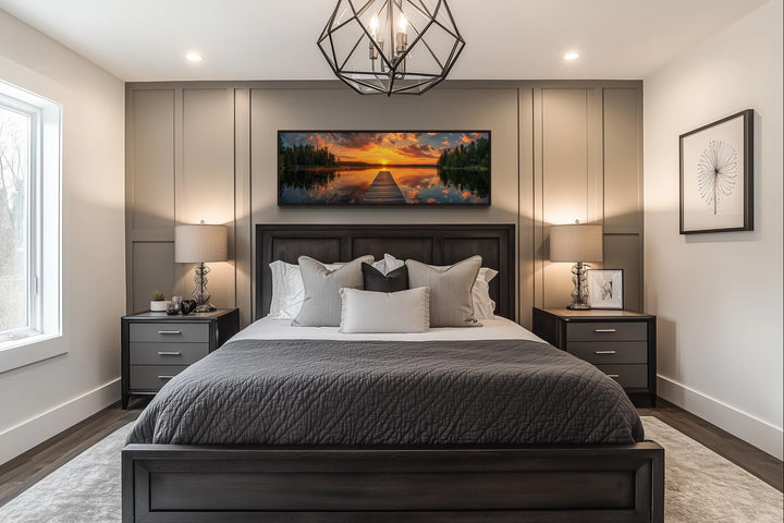 Sunrise Over Lake and Fishing Pier Long Horizontal Canvas Wall Art hanging above a bed.