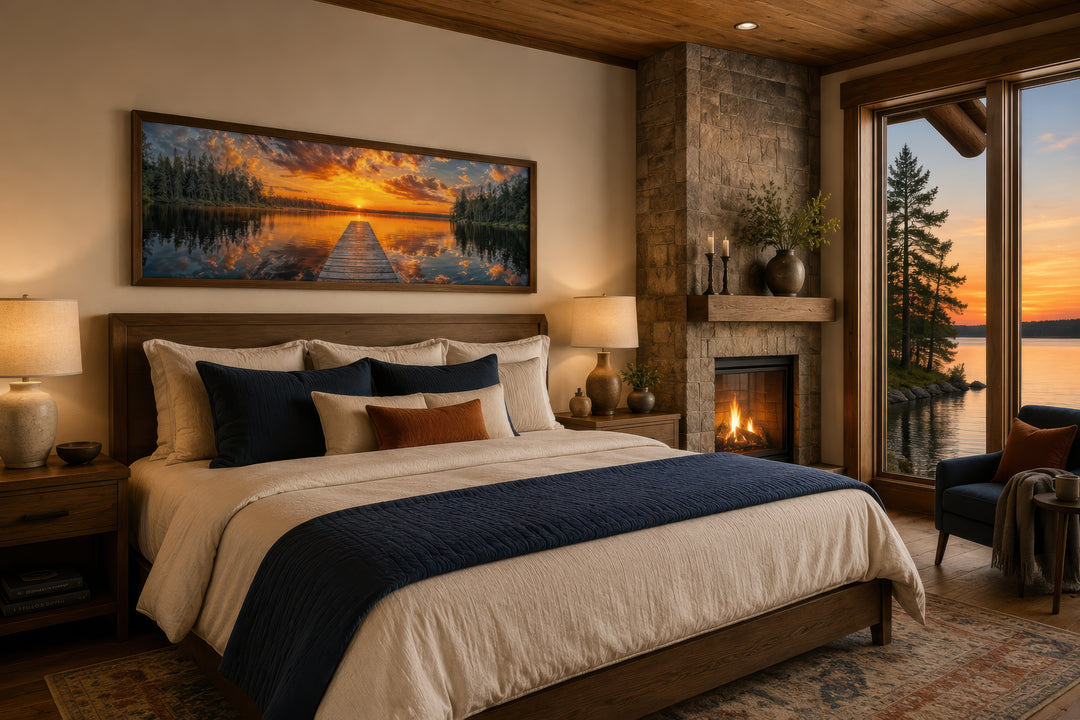 Sunrise over lake and fishing pier long horizontal canvas wall art hanging above a bed in a bedroom.