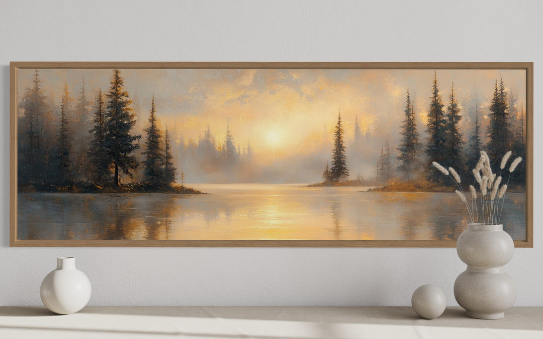 Sunrise Over Misty Lake Panoramic Over Bed Canvas Wall Art