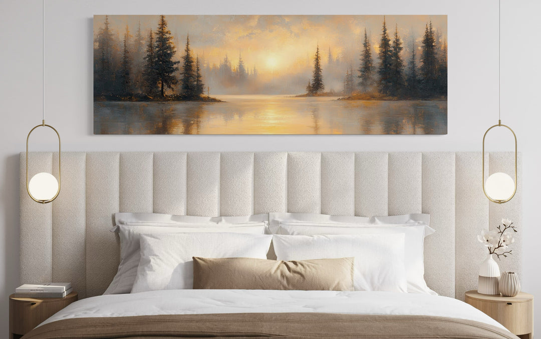 Sunrise Over Misty Lake Panoramic Over Bed Canvas Wall Art