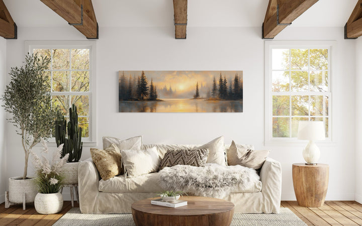 Sunrise Over Misty Lake Panoramic Over Bed Canvas Wall Art