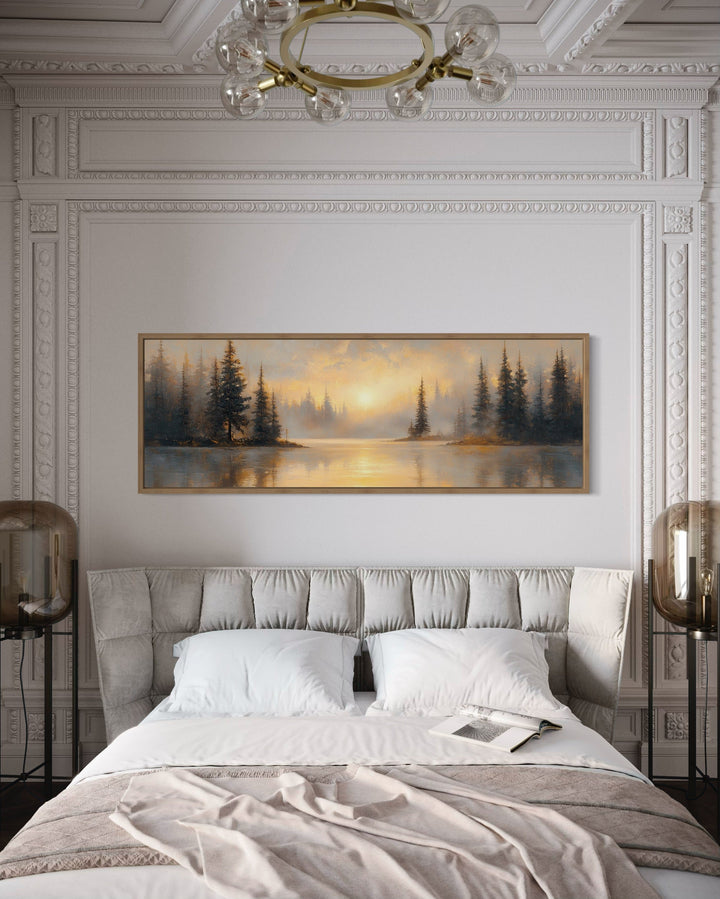 Sunrise Over Misty Lake Panoramic Over Bed Canvas Wall Art