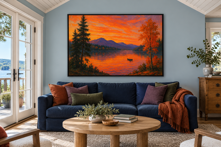 Sunset Over Lake canvas wall art in a black frame above a blue sofa in a cozy living room.