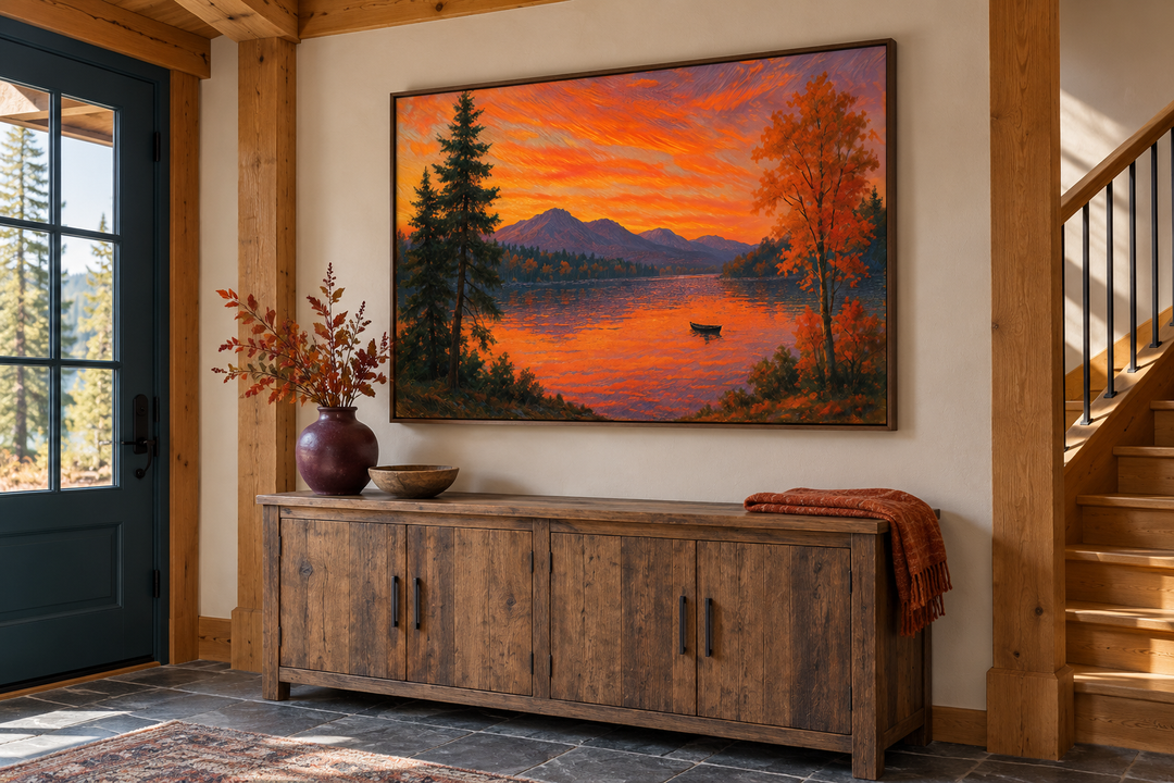 Sunset Over Lake canvas wall art in a walnut frame above a rustic wooden sideboard in an entryway.