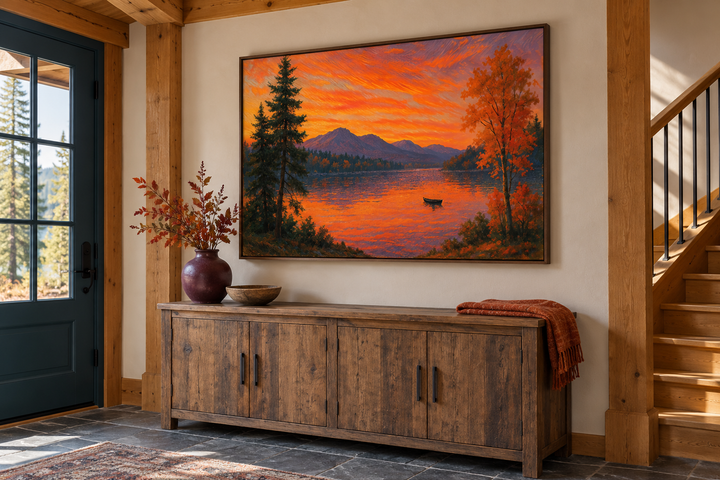 Sunset Over Lake canvas wall art in a walnut frame above a rustic wooden sideboard in an entryway.