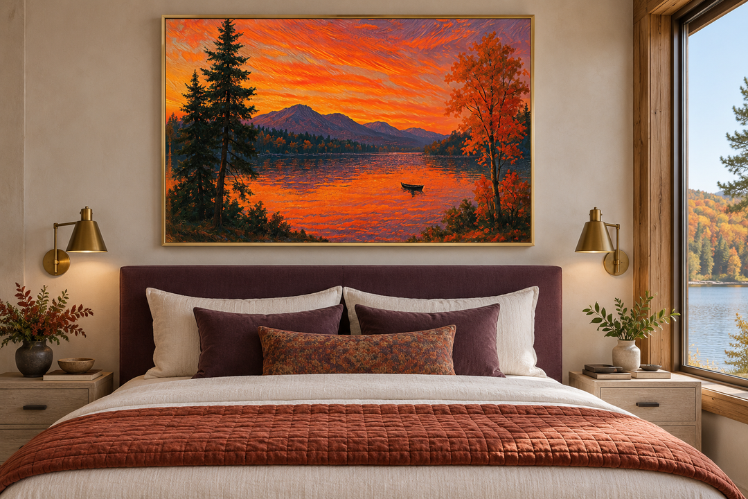 Sunset Over Lake canvas wall art in a gold frame above a bed in a rustic cabin bedroom.