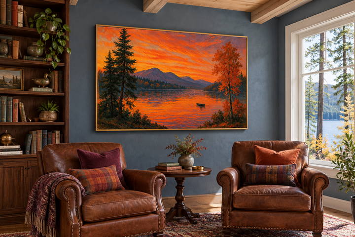 Sunset Over Lake canvas wall art in a gold frame above leather armchairs in a cozy reading room.