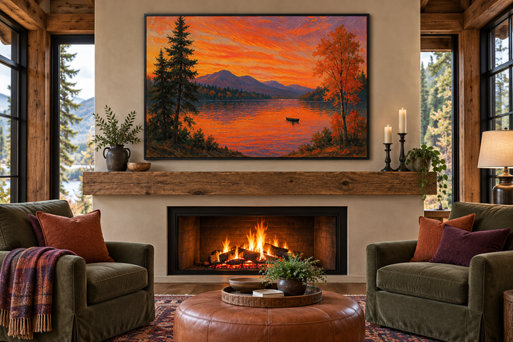 Sunset Over Lake canvas wall art displayed above a rustic fireplace in a cozy cabin living room.