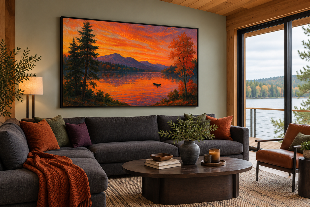 Sunset Over Lake canvas wall art in a black frame above a dark grey sectional sofa in a cabin.