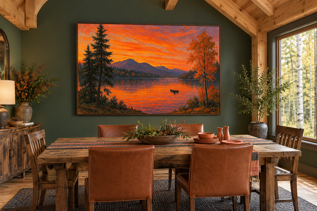 Sunset Over Lake canvas wall art in a rustic dining room with green walls and wooden furniture.