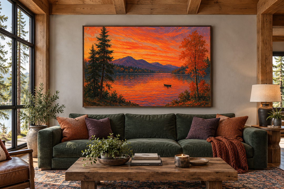 Sunset Over Lake canvas wall art in a rustic living room above a green sofa.