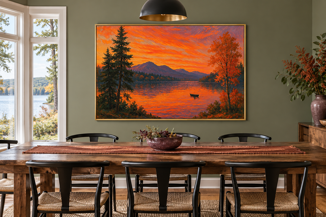Sunset Over Lake canvas wall art in a gold frame above a dining table in a rustic room.