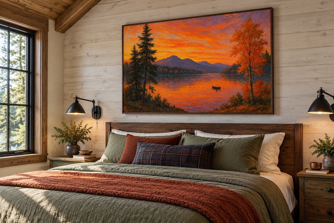 Sunset Over Lake canvas wall art in a walnut frame hanging above a bed in a rustic cabin bedroom.