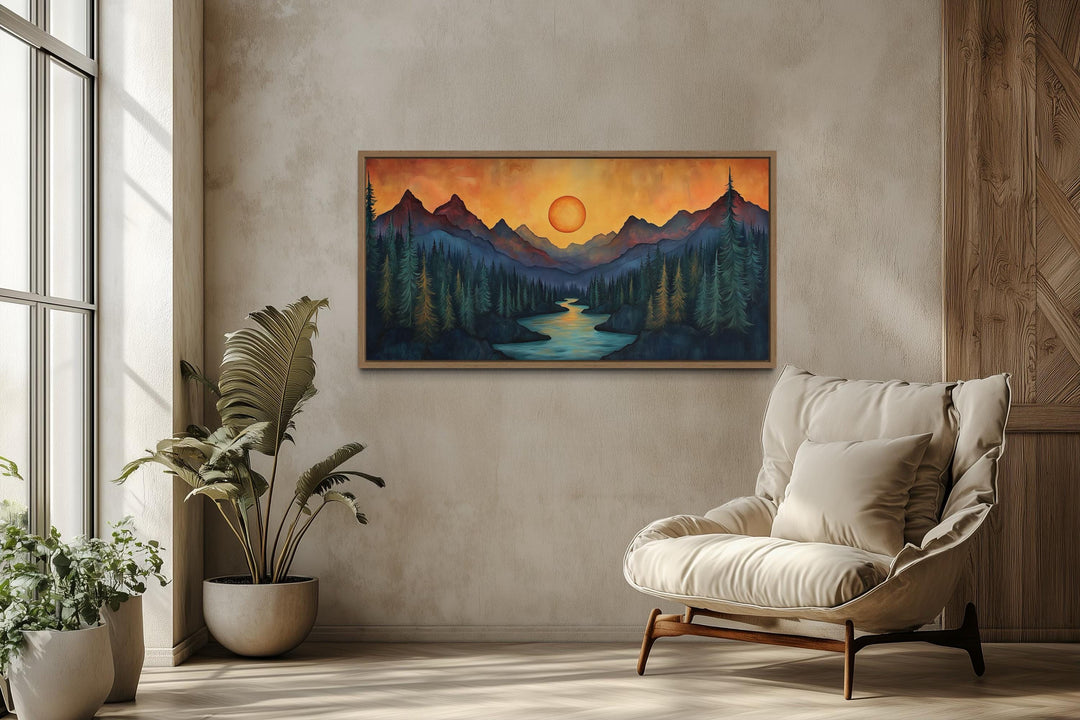 Sunset Mountain River Canvas Wall Art