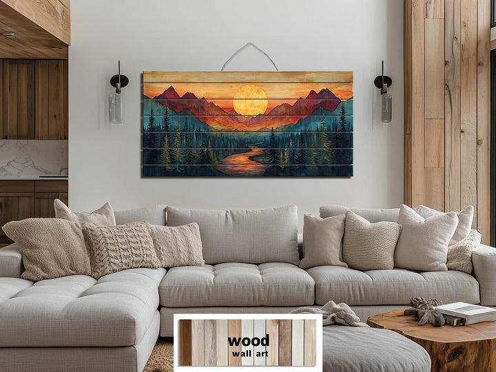 Sunset Mountain River Scene Distressed Wood Wall Art