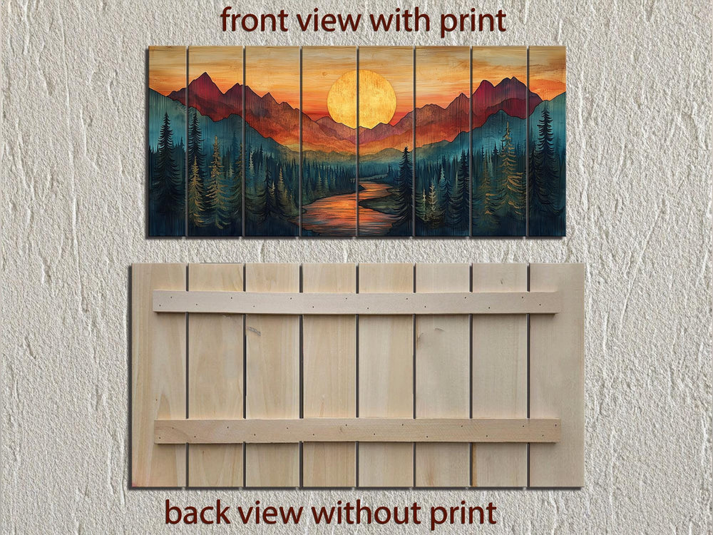 Sunset Mountain River Scene Distressed Wood Wall Art