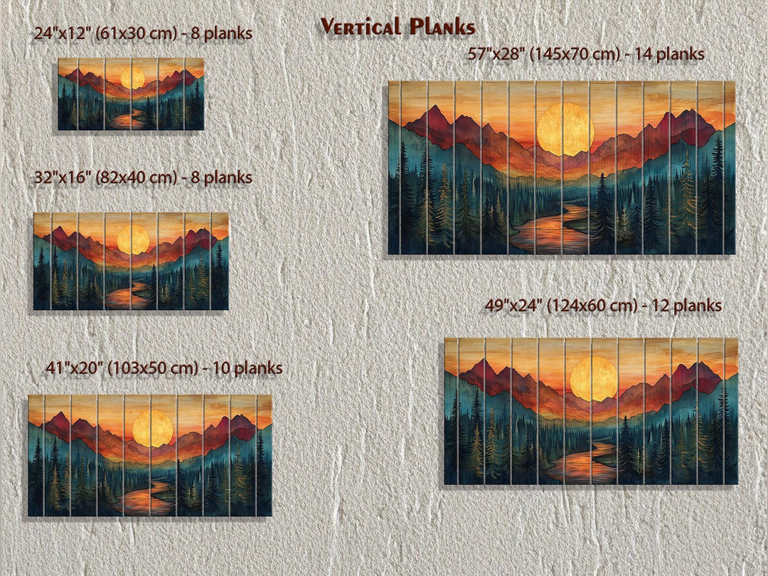 Sunset Mountain River Scene Distressed Wood Wall Art