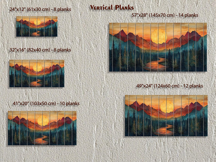 Sunset Mountain River Scene Distressed Wood Wall Art