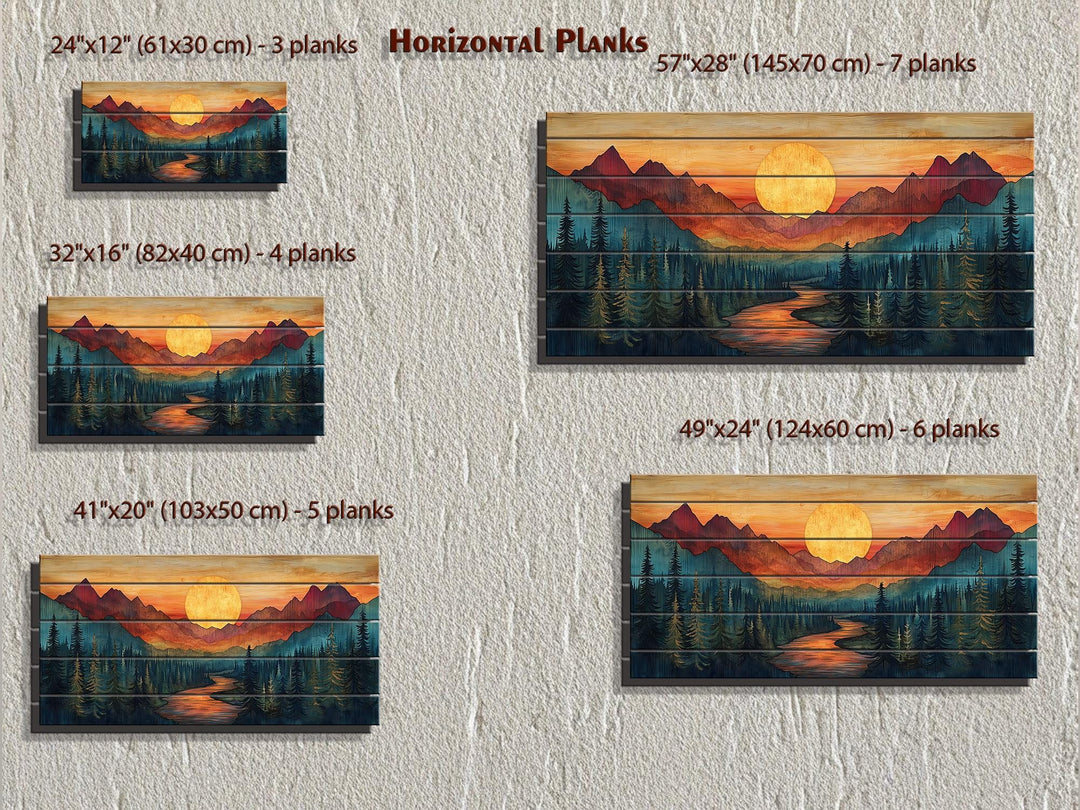 Sunset Mountain River Scene Distressed Wood Wall Art