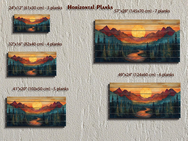 Sunset Mountain River Scene Distressed Wood Wall Art