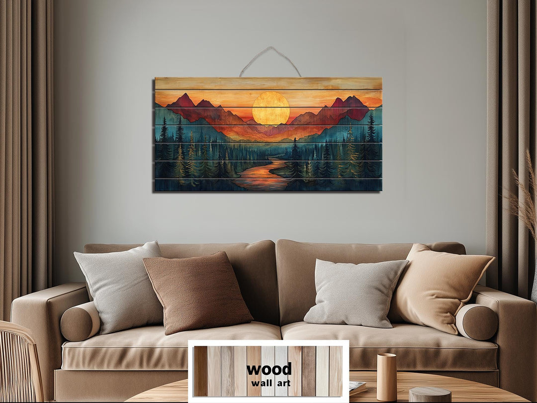 Sunset Mountain River Scene Distressed Wood Wall Art