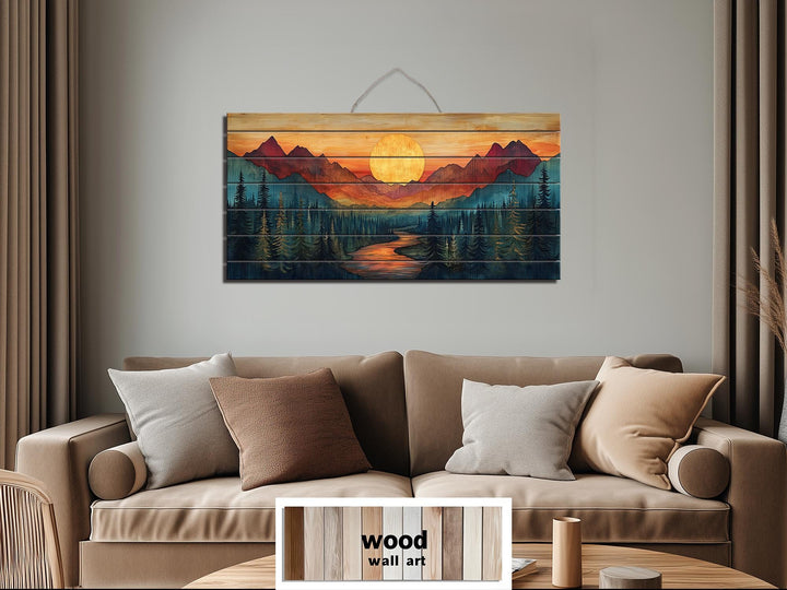 Sunset Mountain River Scene Distressed Wood Wall Art