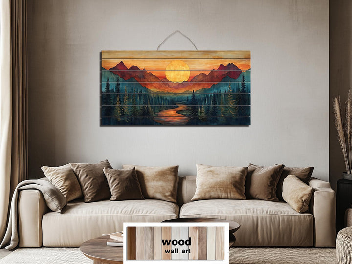 Sunset Mountain River Scene Distressed Wood Wall Art