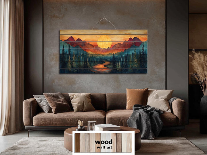 Sunset Mountain River Scene Distressed Wood Wall Art