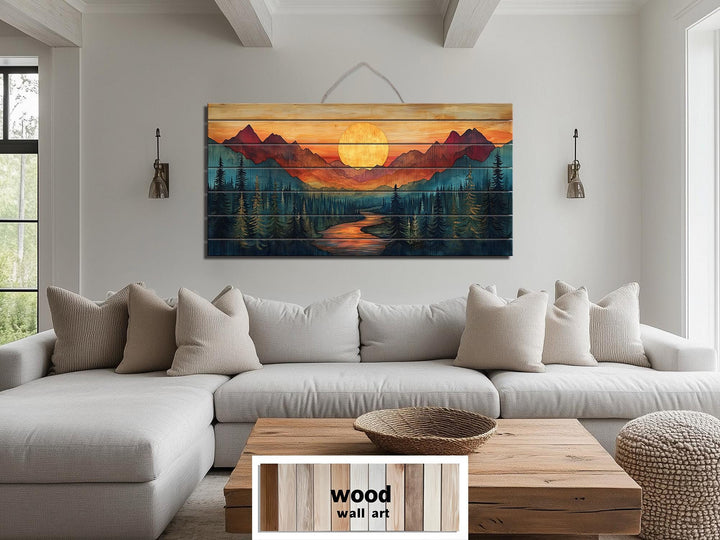 Sunset Mountain River Scene Distressed Wood Wall Art
