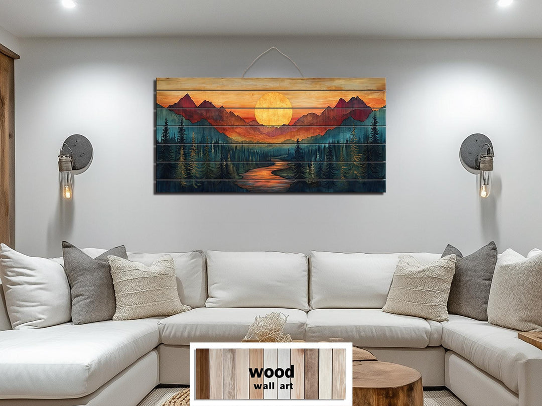 Sunset Mountain River Scene Distressed Wood Wall Art
