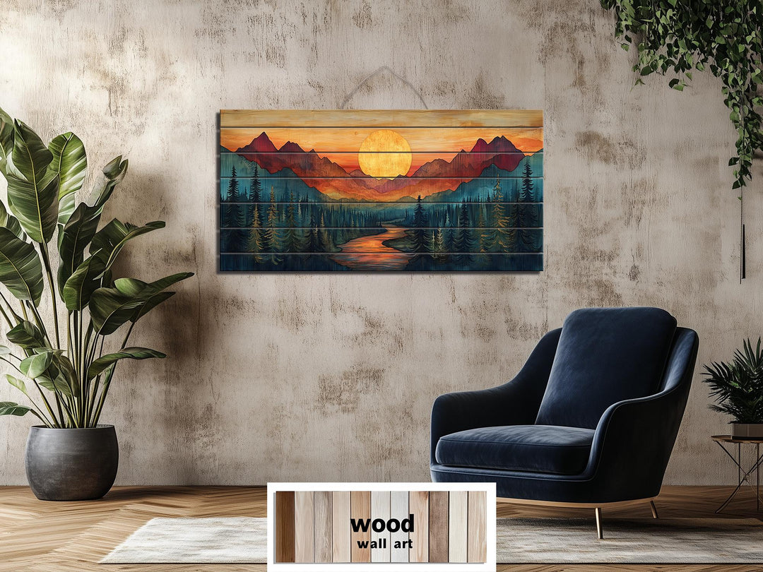 Sunset Mountain River Scene Distressed Wood Wall Art