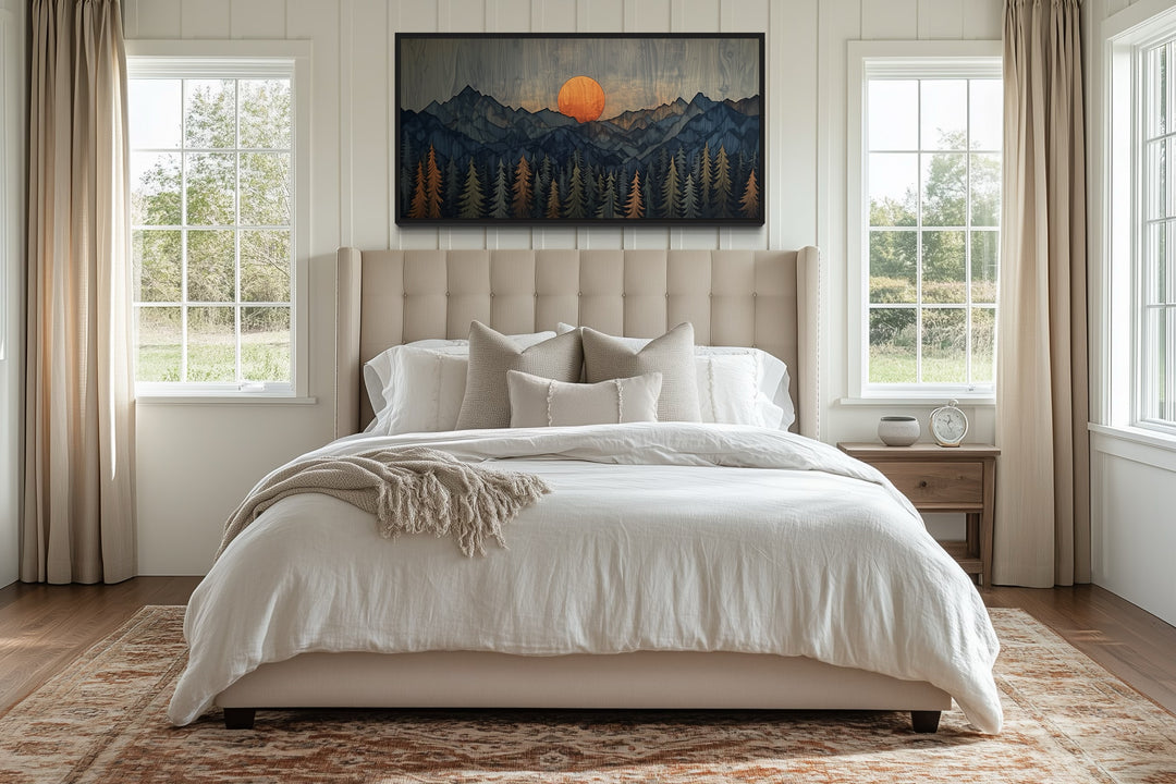 Sunset Over Mountain And Forest Wooden Effect Framed Canvas Wall Art