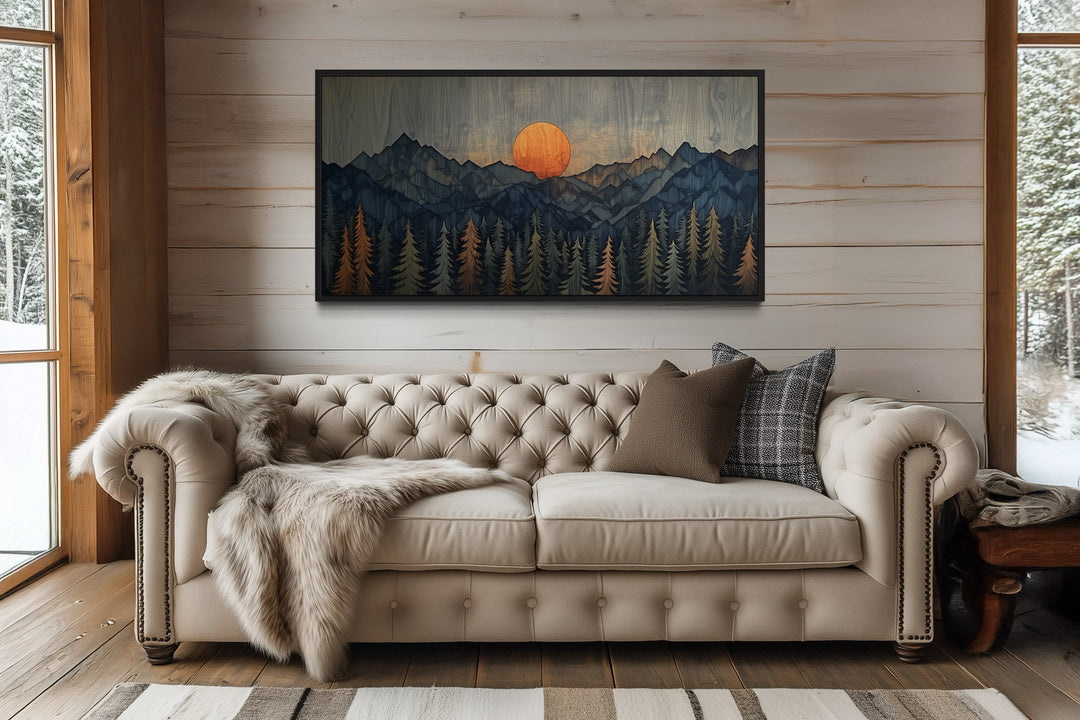 Sunset Over Mountain And Forest Wooden Effect Framed Canvas Wall Art