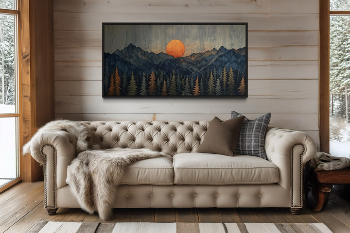 Sunset Over Mountain And Forest Wooden Effect Framed Canvas Wall Art